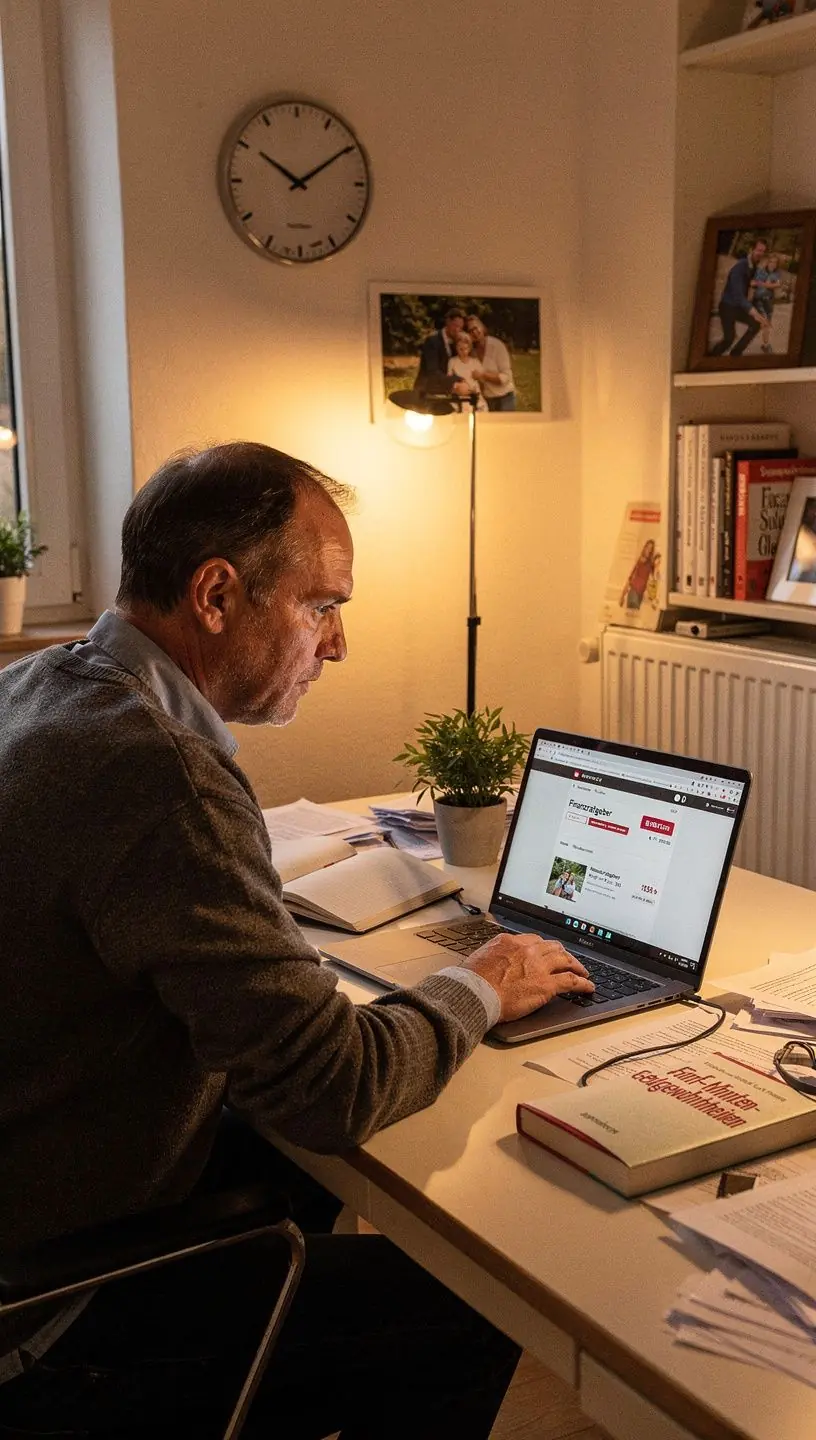 Person überprüft konzentriert Ausgaben auf einem Tablet in einem hellen Arbeitszimmer